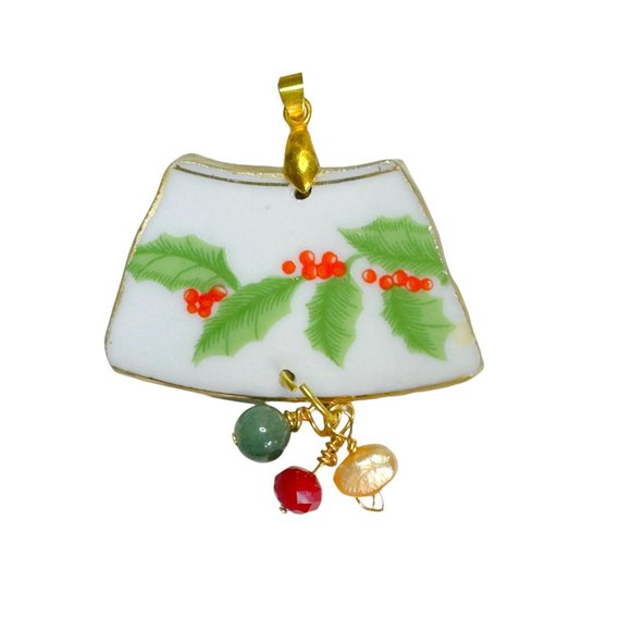 Holly Broken China Artisan Pendant w/ Pearls & Coral Berries & Bows Collection - Picture 3 of 17